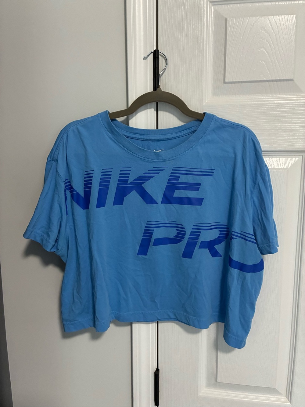 Nike Blue Graphic Crop Tee with Navy Logo